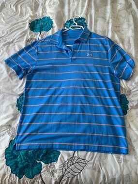 Under Armour Men’s Blue Polo with Thin Orange Stripes